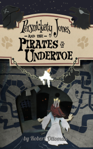 Image: Cover of the novel Persnickety Jones and the Pirates of Undertoe. Illustration is a paper cut collage featuring a girl in a white dress with candles on her head lost in maze of sewer-like tunnels.