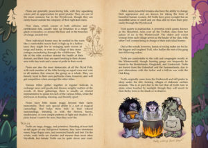 Image: Sample page spread from the WyrdScouts book. These pages describe pixies and trolls, with an illustration of three large trolls around a cauldron of cooking stew.