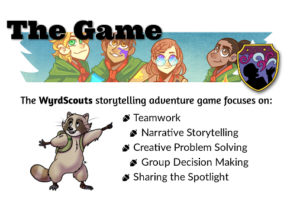 Illustration of a pointing, cartoon racoon beside text bullet pointed by acorns. The text reads: The Game. The WyrdScouts storytelling adventure game focuses on: Teamwork, Narrative Storytelling, Creative Problem Solving, Group Decision Making, Sharing the Spotlight