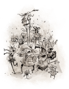 Illustration: Assorted goblins dancing in the street, including several with horns, a belly dancer, a tamborine player, one on stilts, one in a raincoat, and several scattered tiny goblins.