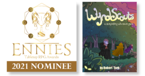 Image: Two side by side pictures. On the left is the ENnies 2021 Nominee logo. On the right is the cover of the WyrdScouts ttrpg book.